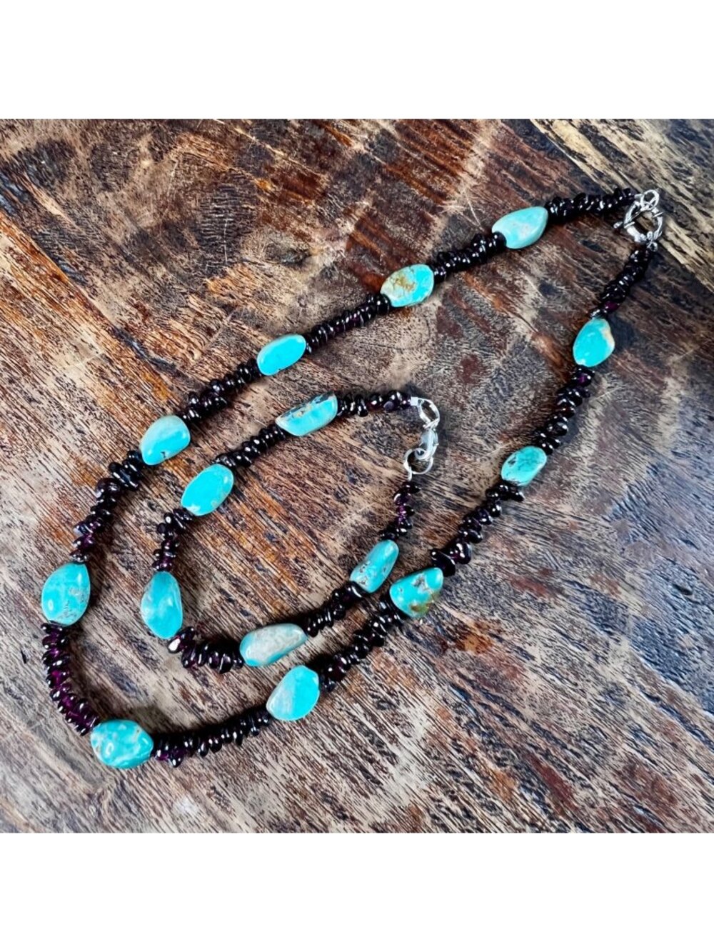 Natural Turquoise & Garnet Beaded Necklace And Bracelet Set With Secure Lobster